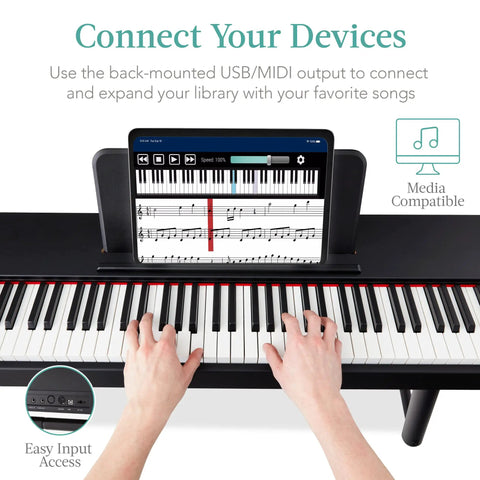 Playing the 88 Key Weighted Hammer Action Digital Piano Set With U Stand, 3 Pedal Unit, showcasing device connectivity feature.
