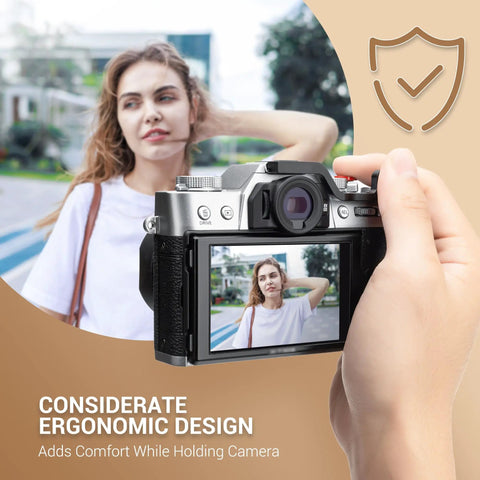 Person holding camera with XT30III Pro Thumb Grip With Shutter Button For XT30II XT20 XT10, showing ergonomic design in use.