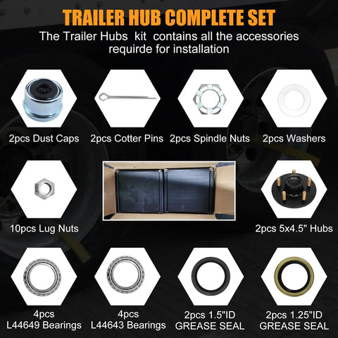 Beefed Up 5 Lug Trailer Hub Kit 4.5 Inch Pattern Fits 1 Inch And 1-1/16 Inch Straight Spindles Up To 2000 Lbs Great For Boat Trailers With L44643 Bearings; includes components like dust caps, bearings, and lug nuts