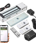 Badass Protection One Thousand Two Hundred Pound Smart Magnetic Door Lock Kit With WIFI App Remote Control components laid out.