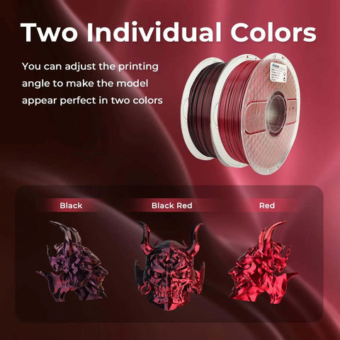 Silk Dual Color PLA Filament 1.75mm Red Black Coextrusion For 3D Printing, glossy silk finish, two-tone samples