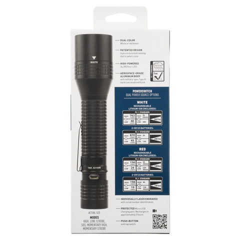 Back packaging of PowerSwitch Dual Color LED Flashlight With Rechargeable Battery And Dual Power Sources, showing features and details.