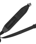Black two point shotgun sling with 6 shell holders for 20 gauge, non slip shoulder pad, quick grab handle, mesh pocket, and metal buckle