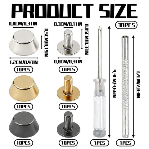 Killer 32 Piece Heavy Duty Bag Bottom Feet Set With Screw Back Nailhead Rivets And Complete DIY Tool Kit For Upgrading Leather Purses And Totes showing various metal feet sizes and tools.