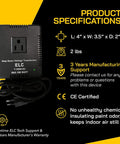 500-Watt Travel Voltage Converter Must-Have Step Down 220V To 110V And 240V To 120V For Hair Straightener Hair Dryer Laptops And Chargers CE Certified With A Three-Year Warranty displayed with product specifications and dimensions on a yellow background