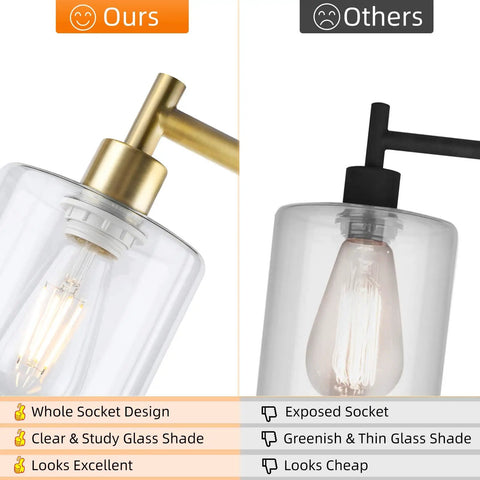 Comparison of industrial floor lamps with brass gold finish and clear glass shade vs greenish glass shade.