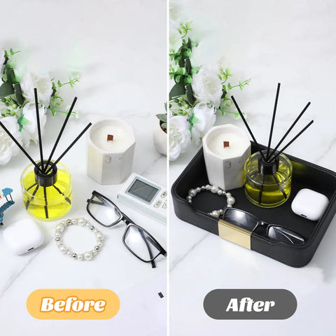 Before and after using Premium PU Leather Valet Tray Organizer For Desk And Nightstand, Multi Compartment Catchall