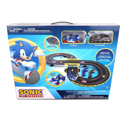 Packaging for Sonic And Shadow Race Track Set With Totally Lit Working Lights Lap Counter Figure Eight Slot Car Track