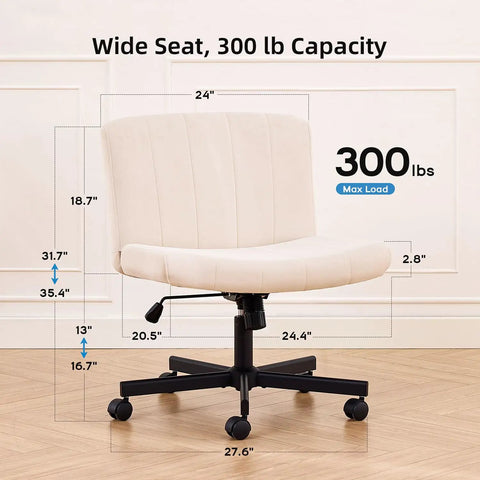 Criss Cross Desk Chair With Wheels, Wide Cross Legged Comfort, Beige, Armless Swivel, 300 lb Capacity, Size Details Displayed
