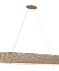 Sculptural Oval Linear Pendant Light In Slick Hammered Ore Finish With Six Glowing Bulbs And Soft Fabric Shades, showing a sleek woven design.