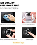 Installation steps for high-quality rhinestone ring, including cleaning, tape removal, alignment, and final installation on car panel.