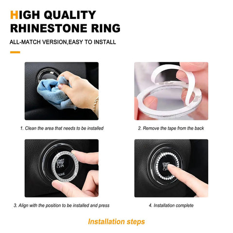 Installation steps for high-quality rhinestone ring, including cleaning, tape removal, alignment, and final installation on car panel.