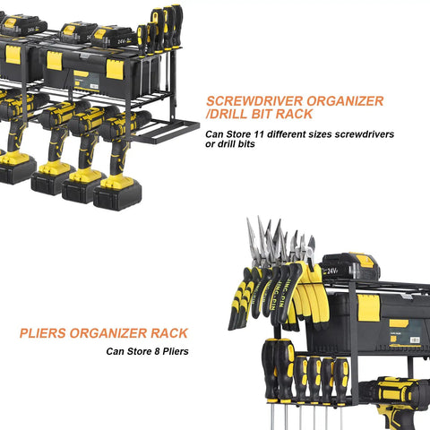 Power Tool Organizer With Six Drill Holders Wall Mounted Heavy Duty Metal Tool Rack Garage Storage Shelf With Side Rows