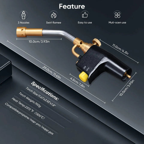 Propane Torch Head With 3 Interchangeable Nozzles, Trigger Start Ignition For High Heat Welding Soldering And Cooking, showing dimensions