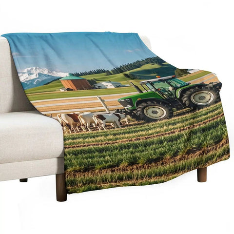 Milk Farm Flannel Throw Blanket 55x70 Inch Cozy Soft Lightweight Plush with tractor and cows on lush green field