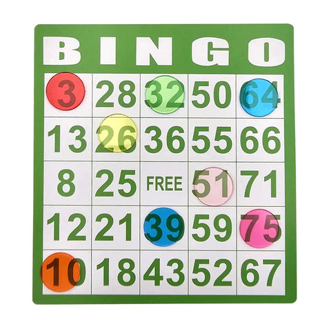 Bingo card with 1000 Transparent 3/4 Inch Bingo Counting Chips In Eight Color Set for games and activities.