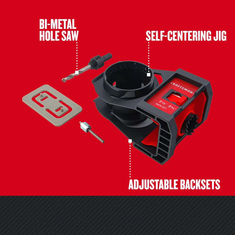 Craftsman bi-metal door lock hole saw kit with self-centering jig and adjustable backsets