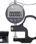 Digital Thickness Gauge With LCD Display Inch mm Conversion Dead On Accurate 0.00005 Inch Resolution 0-0.5 Inch Range One Hand Quick Press For Leather Paper Fabric Film And More Silver Grey, shown with open case, close-up of dial