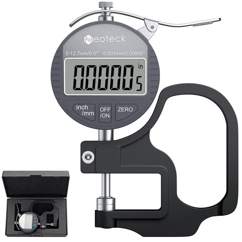 Digital Thickness Gauge With LCD Display Inch mm Conversion Dead On Accurate 0.00005 Inch Resolution 0-0.5 Inch Range One Hand Quick Press For Leather Paper Fabric Film And More Silver Grey, shown with open case, close-up of dial
