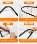 Beefy Heavy Duty Fence Fixer Wire Repair Tool With Lifetime Replacement Guarantee, showing clamp, tighten, lock, reinforce steps.
