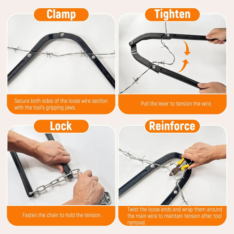 Beefy Heavy Duty Fence Fixer Wire Repair Tool With Lifetime Replacement Guarantee, showing clamp, tighten, lock, reinforce steps.