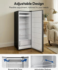 Big Boy 7 Cu Ft Upright Freezer And Convertible Refrigerator Combo With Legit Cold Storage For Bulk Meal Prep And Weekend Drinks Featuring Straight Up Space Saving Vertical Design showing adjustable shelves and reversible door.
