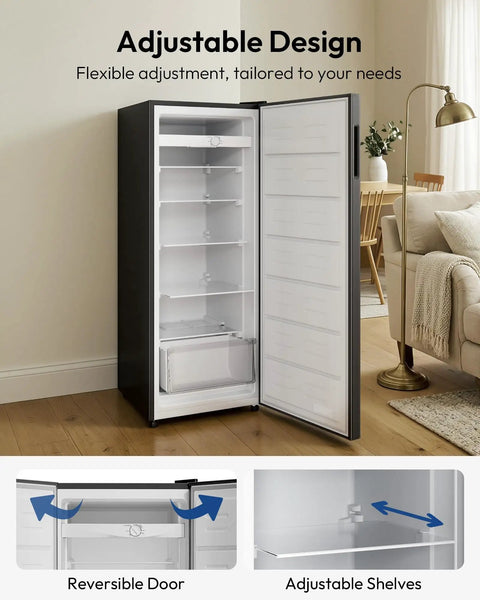 Big Boy 7 Cu Ft Upright Freezer And Convertible Refrigerator Combo With Legit Cold Storage For Bulk Meal Prep And Weekend Drinks Featuring Straight Up Space Saving Vertical Design showing adjustable shelves and reversible door.