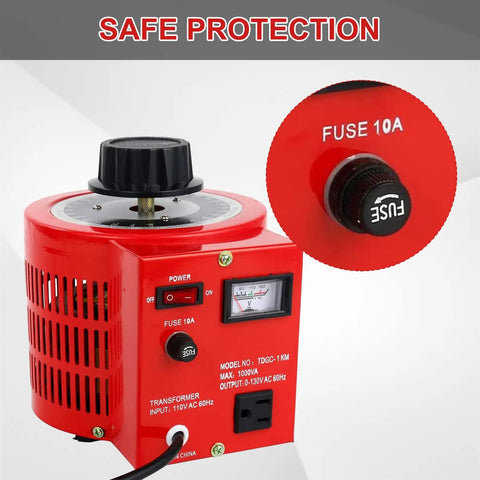 Heavy Duty Auto AC Variable Voltage Transformer 10 Amp With 0 To 130 Volt Output, 1000VA Power, close-up of volt meter and fuse.