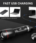 Rechargeable LED Flashlight With Zoomable Beam, 1000 Lumens Beast Bright, Waterproof, shown charging via USB with power bank and laptop