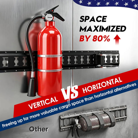 Heavy Duty Vertical E Track Fire Extinguisher Mount With Beefy Stainless Clamps And Fully Welded Base Locks In Five To Ten Lb Tanks Rock Solid Cargo Saver For Work Trucks Trailers Campers Rvs