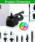Diagram of Submersible Fountain Pump 15W 800L/H With LED Lights showing dimensions and components with nozzles and valve.