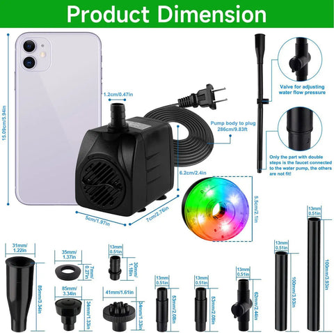 Diagram of Submersible Fountain Pump 15W 800L/H With LED Lights showing dimensions and components with nozzles and valve.