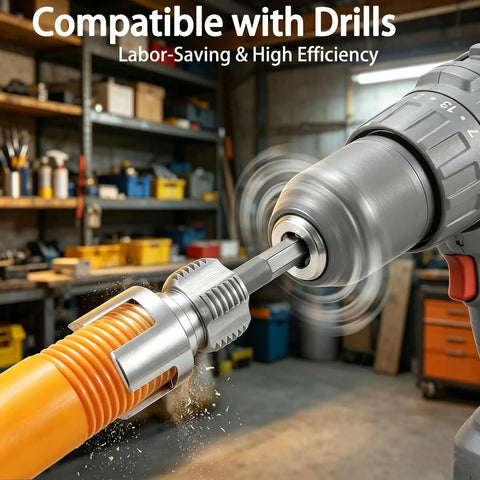 Get Ready To Tackle Plumbing Projects Like A Boss With This Complete 3 Piece Pvc Pipe Threading Tool Kit Includes Internal External Threader For 1/2 Inch 3/4 Inch 1 In Plastic Pipes Plus Work Gloves And Teflon Tape Diy Friendly Drill Compatible Setup showing drill in use with PVC pipe threading tool.