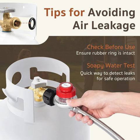 GasPro 0-30 PSI adjustable propane regulator with gauge and 5-ft stainless braided hose, installed on propane tank