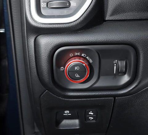Aluminum Headlight And Gear Shift Knob Cover Set For Dodge RAM 2018 2026 Red 2Pc Easy Slip On Interior Accessory installed on headlight control