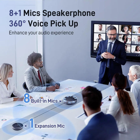 Conference room with All In One Conference Speakerphone With Eight Mic Array Plus Satellite Mic on a table, 2025 Edition