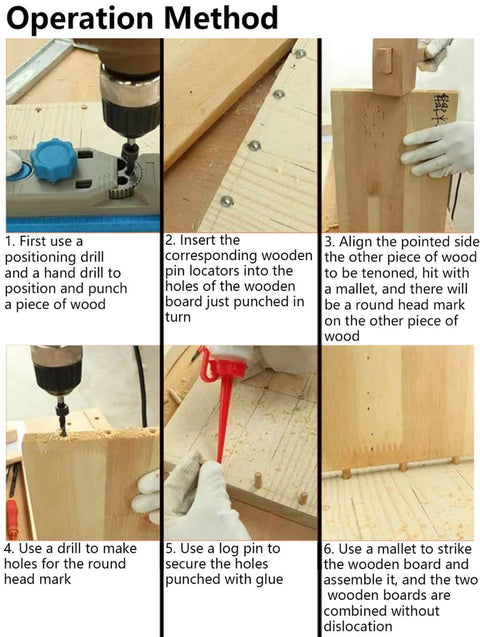 Step-by-step guide on using Pro Grade Hollow Dowel And Tenon Center Pin Kit for woodworking, demonstrating precise alignment.