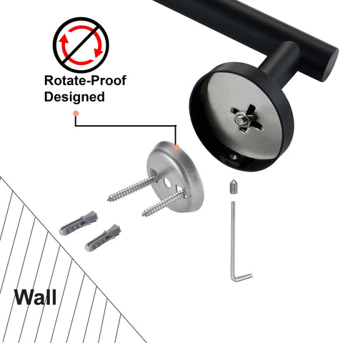 Matte Black Hand Towel Holder For Bathroom Wall Mounted 9 Inch Round Heavy Duty Towel Rack Made From SUS304 Stainless Steel Rust Proof With Four Protective Layers Kitchen And Bathroom Accessory shown with mounting hardware and rotate-proof design details.