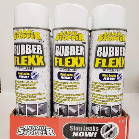 Three 15 oz Leak Stopper Rubber Flexx cans for roof repairs in a carton. Waterproof Rubberized Sealant Spray For Fast Fixes That Seals Cracks Holes Leaks And Corrosion On Roofs And Other Surfaces With A Flexible Durable Weatherproof Rubber Coating In A 15 Ounce Bottle