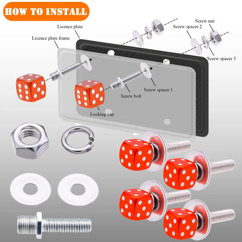 Dope Orange Dice License Plate Screws Kit With Stainless Steel Bolts Durable And Aluminum Decorative Caps Universal Fastener Set For Cars, Trucks, Vans, And Motorcycles Easy Install