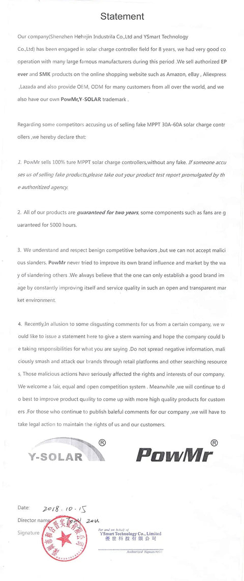 Statement letter from Y-Solar and PowMr regarding MPPT 30A, 60A solar charge controller warranties and partnerships.