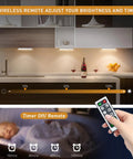 Five Pack USB Rechargeable LED Closet Lights With Motion Sensor And Remote showcasing dimmable under cabinet lighting in kitchen.