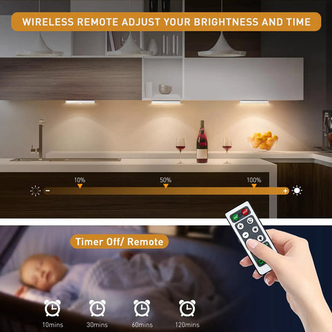 Five Pack USB Rechargeable LED Closet Lights With Motion Sensor And Remote showcasing dimmable under cabinet lighting in kitchen.