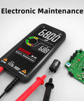 Smart Digital Multimeter 9999 Counts Pocket Voltmeter Rechargeable With Color LCD Display For AC DC Voltage Resistance Capacitance Diode Tests Duty Cycle Continuity Hz And V Alert 3 Results Display showing circuit board and probes