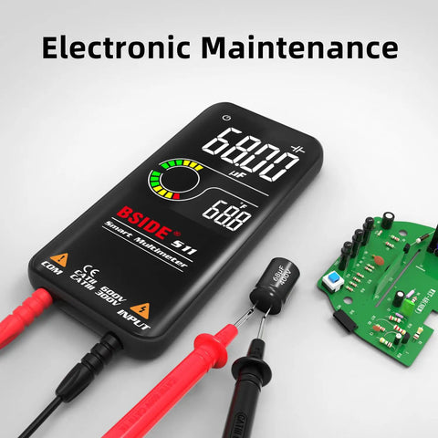 Smart Digital Multimeter Handy 9999 Counts Pocket Voltmeter displaying 6680 reading with probes and circuit board.