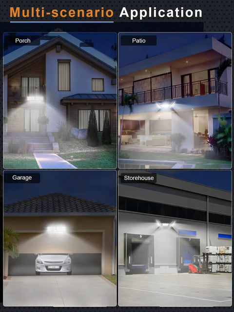 20 Pack Heavy Duty 300W Led Flood Lights Outdoor illuminating porch, patio, garage, and storehouse with bright daylight white light.