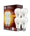 Relax LED A19 Soft White Light Bulbs 40W Equivalent, Energy Saving LEDs 4 Pack For Cozy Home Vibes next to product box