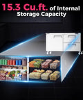 Sixty Inch Wide Commercial Undercounter Refrigerator With Drawer Door Combo Fifteen Point Three Cubic Feet Stainless Steel Worktop Fridge showing 15.3 cu. ft. storage.
