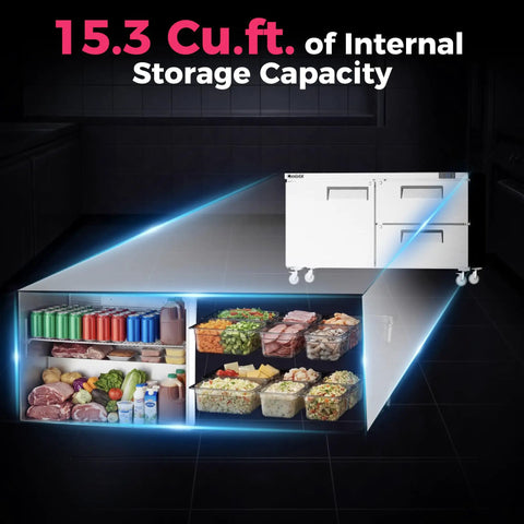 Sixty Inch Wide Commercial Undercounter Refrigerator With Drawer Door Combo Fifteen Point Three Cubic Feet Stainless Steel Worktop Fridge showing 15.3 cu. ft. storage.