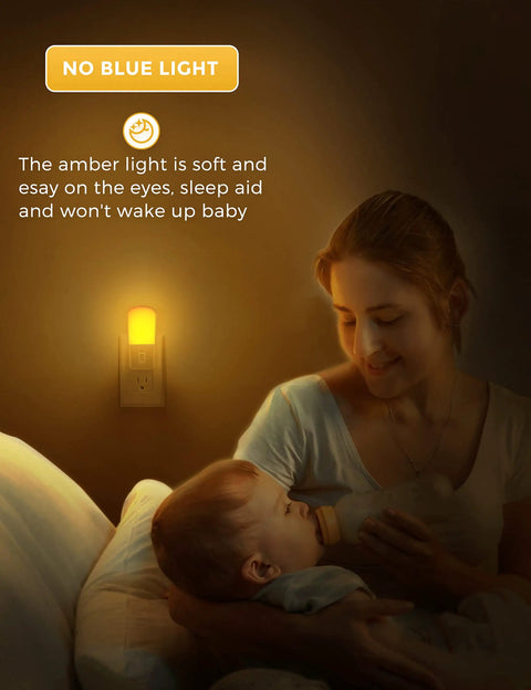 Amber Night Light With Dusk To Dawn Sensor Dimmable Plug In LED Night Light For Kids, glowing softly in dimly lit room.